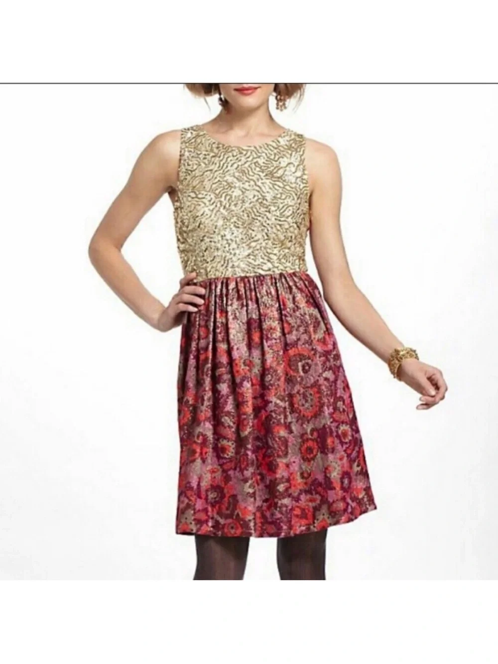 Anthropologie Wren Holiday Sequin Tapestry Party Dress Gold Pink Size M